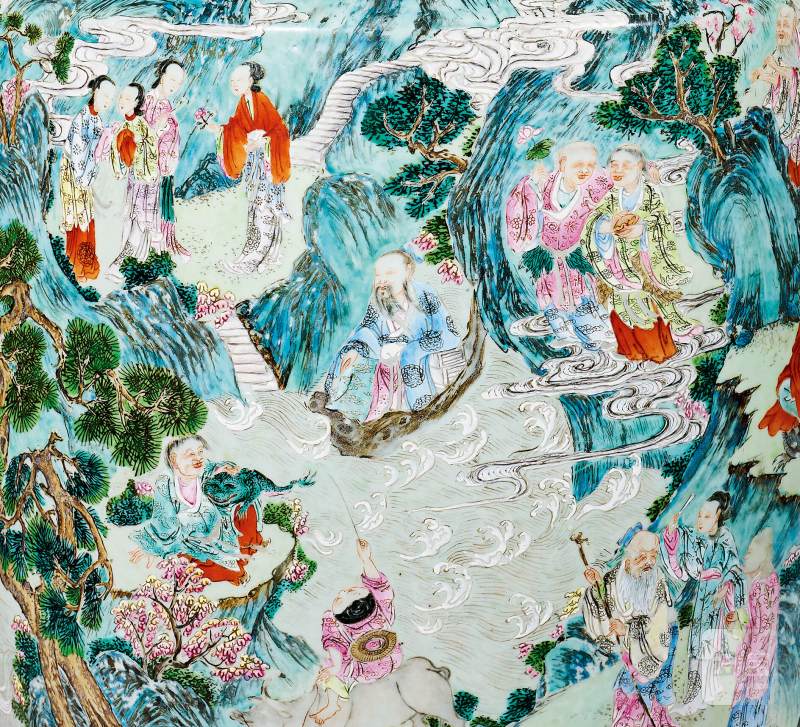 清乾隆 粉彩群仙祝寿图双螭耳大瓶 - 图2